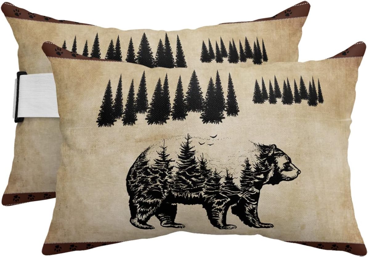 Bear Silhouette Outdoor Chaise Lounge Head Resting Pillows 2 Pack, Bear Tree Silhouette Vintage Paper Waterproof Patio Furniture Pillow with Insert Adjustable Elastic Stripe for Recliner Beach Chairs