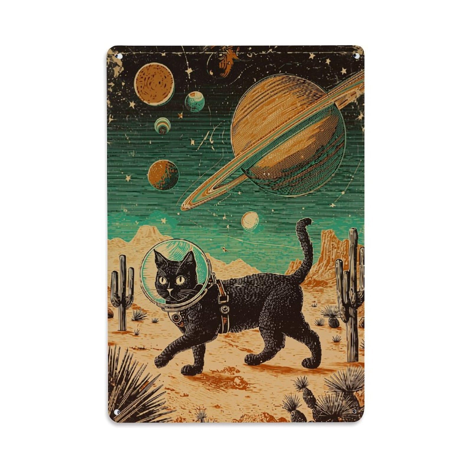 Jdfenggu Vintage Space Cat Desert Planets Stars Retro Metal Tin Sign, Decor Art Poster For Bar, Home, Man Cave, Kitchen, Laundry Room Gift 8X12inch