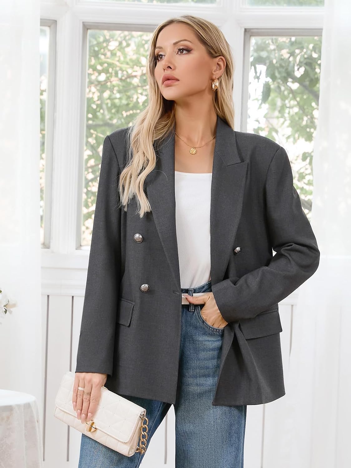 Women's Oversized Blazer Jacket - Double Breasted Professional Business Suit with Pockets for Work Office Casual Outfits - Image 5