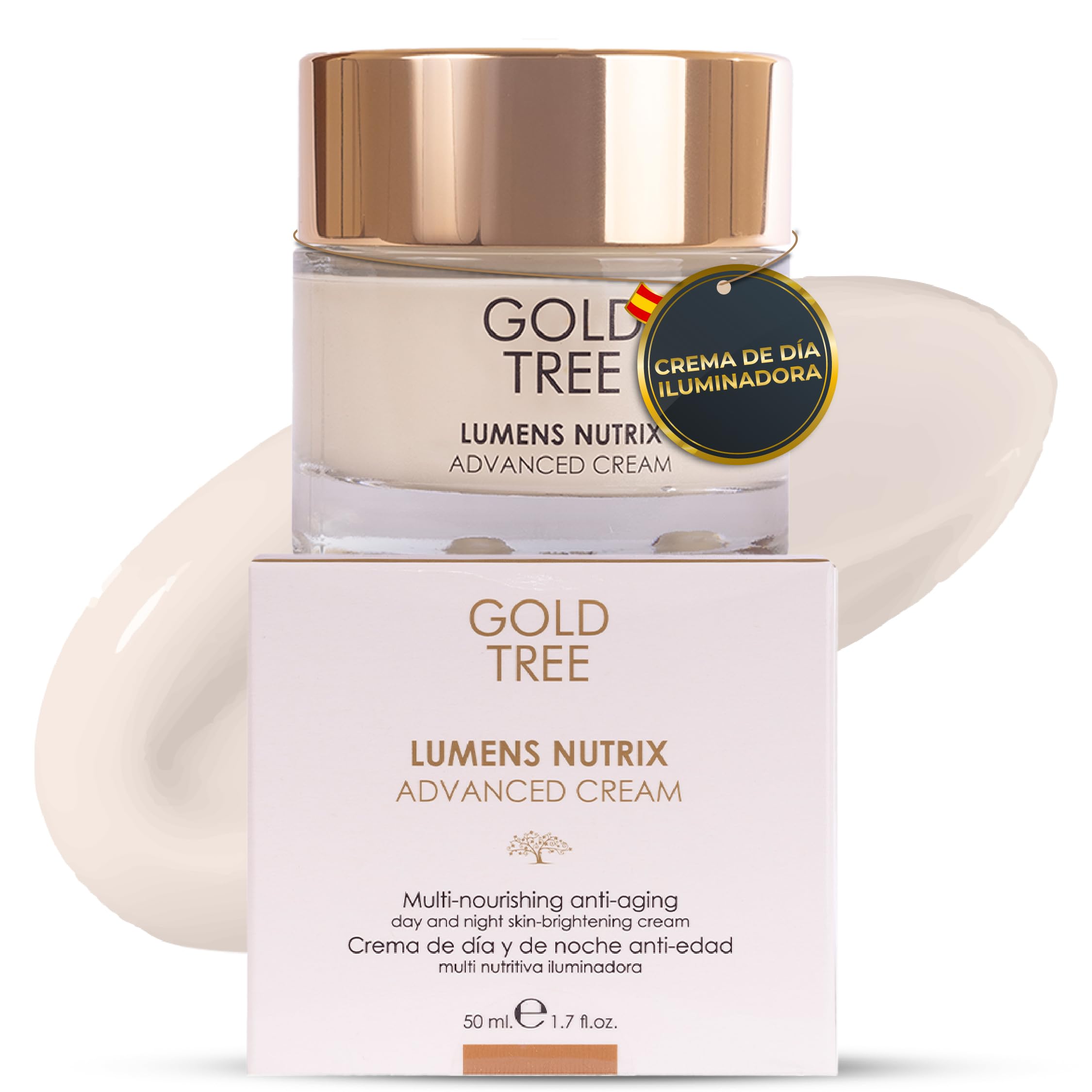 GOLD TREE Crema Antiedad Iluminadora Ácido Hialurónico 4D. Textura Media | Luminosidad, Firmeza y Confort – Piel Madura a Partir de 50 Años – Skincare Día y Noche – 50 ml