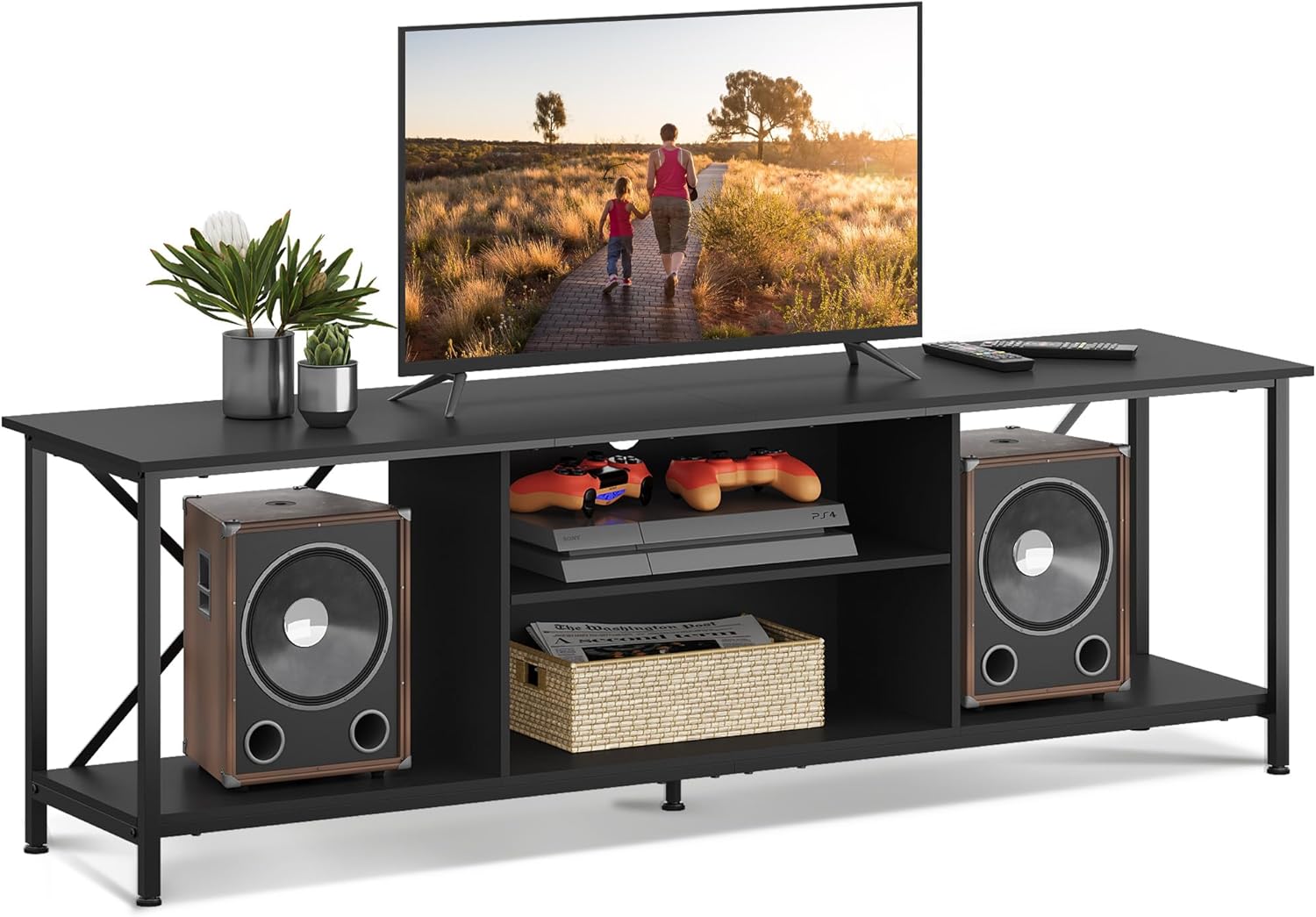 WLIVE 63-inch Large Industrial TV Stand for Up to 70" TVs, Waterproof & Scratch-Resistant Entertainment Center, Adjustable Shelves, Spacious Storage, Black