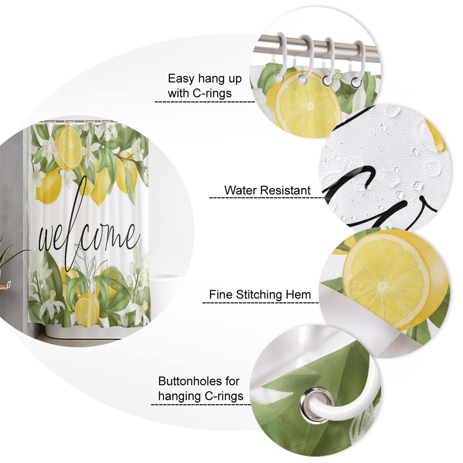 Duschvorhang Mit Zitrone & Blumen Motiv – 183x183 Cm, Aus Polyester, Wasserdicht, Inkl. 12 Haken