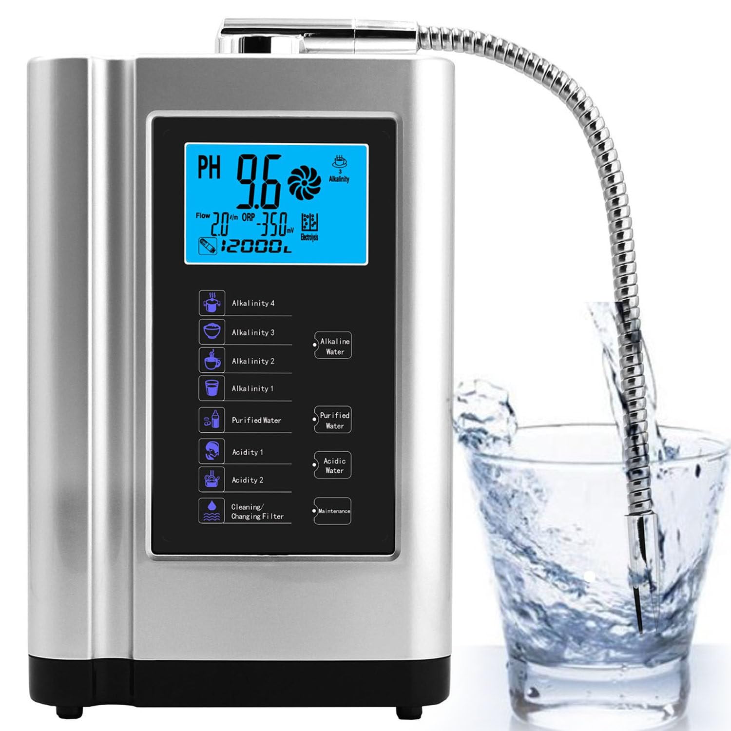Purificatore d'acqua Ionizzatore d'acqua Fino a -500 mV ORP, PH 3,5-10,5 Sistema di filtraggio dell'acqua alcalina domestica, 7 impostazioni dell'acqua/Pulizia automatica/Voce intelligente,Silver