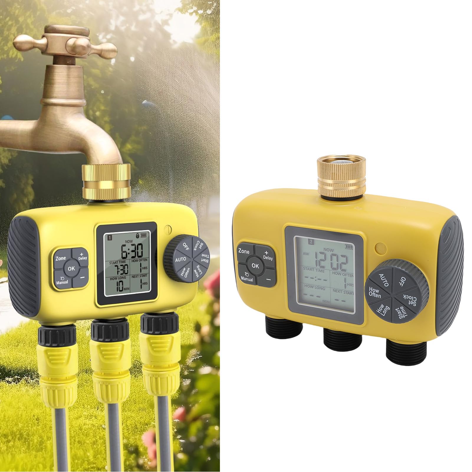 Jiawu Temporizzatore per Irrigazione, Programmatore per Irrigazione con Ritardo Pioggia Programmabile a 3 Zone, Timer per Tubo con Display LCD Impermeabile e Pressione dell'acqua da 7,25-116 PSI per