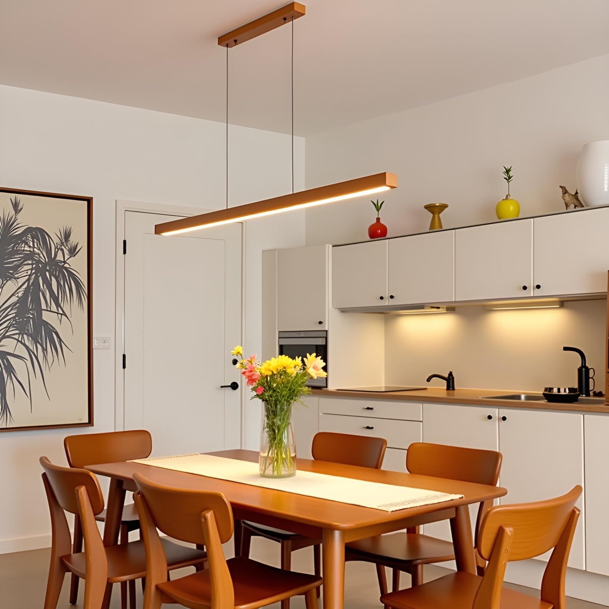 NVKE LED Pendelleuchte esstisch holz Dimmbar Linear Design Hängeleuchte Esstisch lampe Lineare Hängelampe mit Fernbedienung höhenverstellbar Kronleuchter für Esszimmer Küche Büro Lampe(120cm)