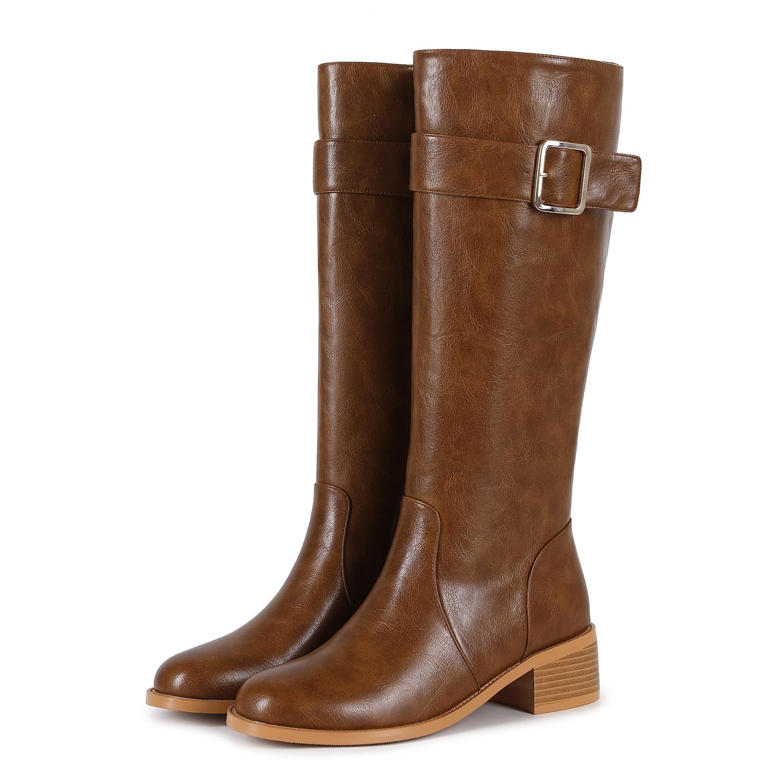 Womens Wide Calf Knee High Boots for Women Tall Riding Boots Low Block Heel Faux Leather Buckle Strap