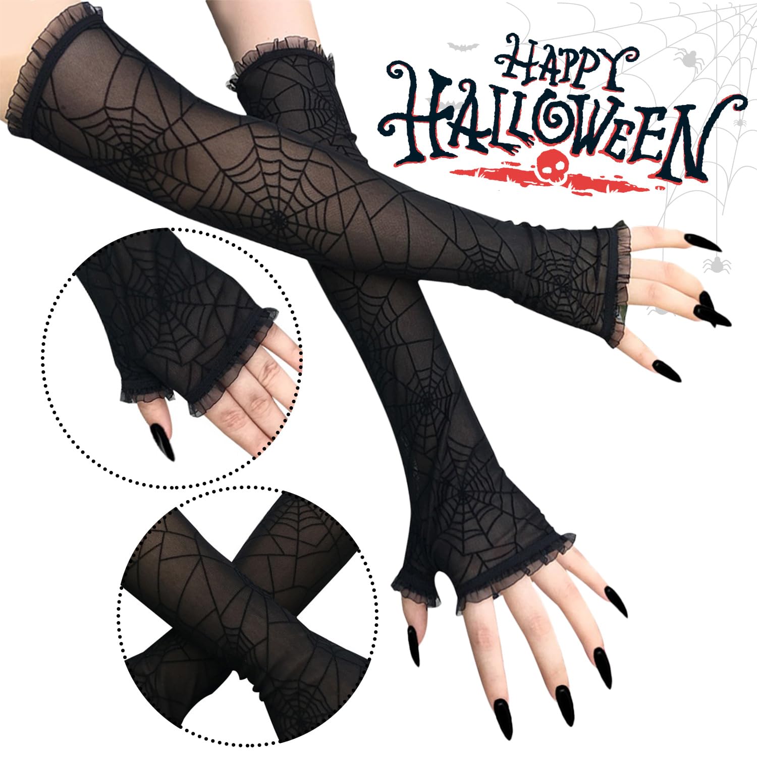 JNAWA 4Pairs Halloween Spiderweb Tights and Gloves Women's Spider Web Gloves Fingerless Stockings Fancy Dress Costume Accessories for Halloween Party - Image 2