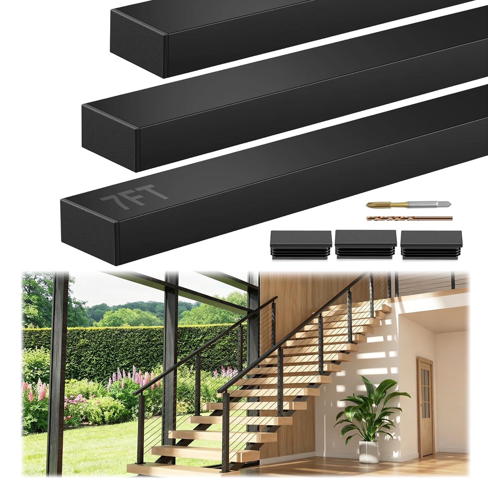 7FT Black Rectangular Handrail, 3 Pack Stair Cable Railing Handrail