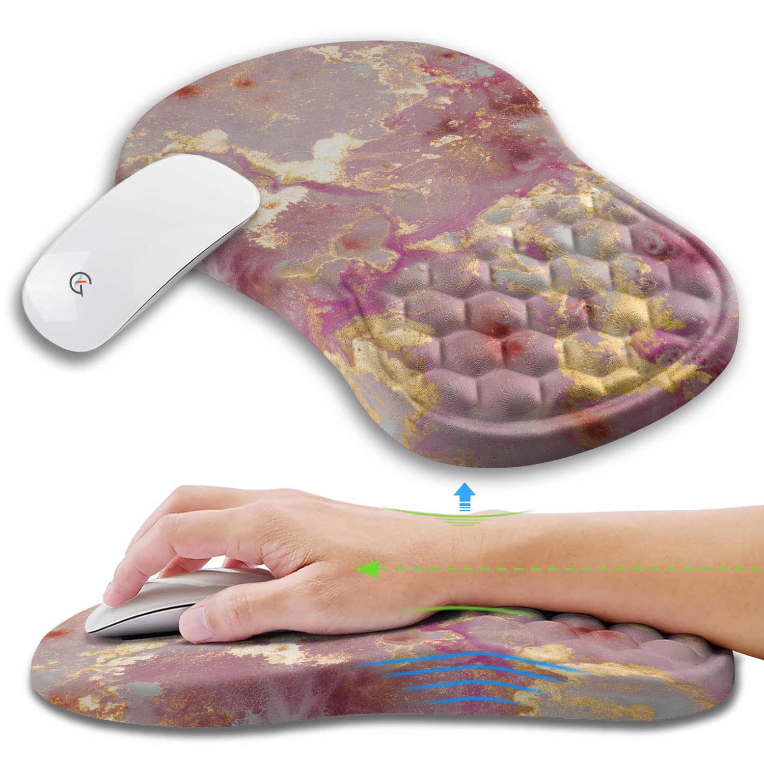 KUOSGM Large Ergonomic Mouse Pad Wrist Support with Gel Massage Bump, Carpal Tunnel Pain Relief Mousepad Wrist Rest for Wireless Mouse, Memory Foam Wrist Pad for Mouse(12x8 inch,Pink Gold Marble)