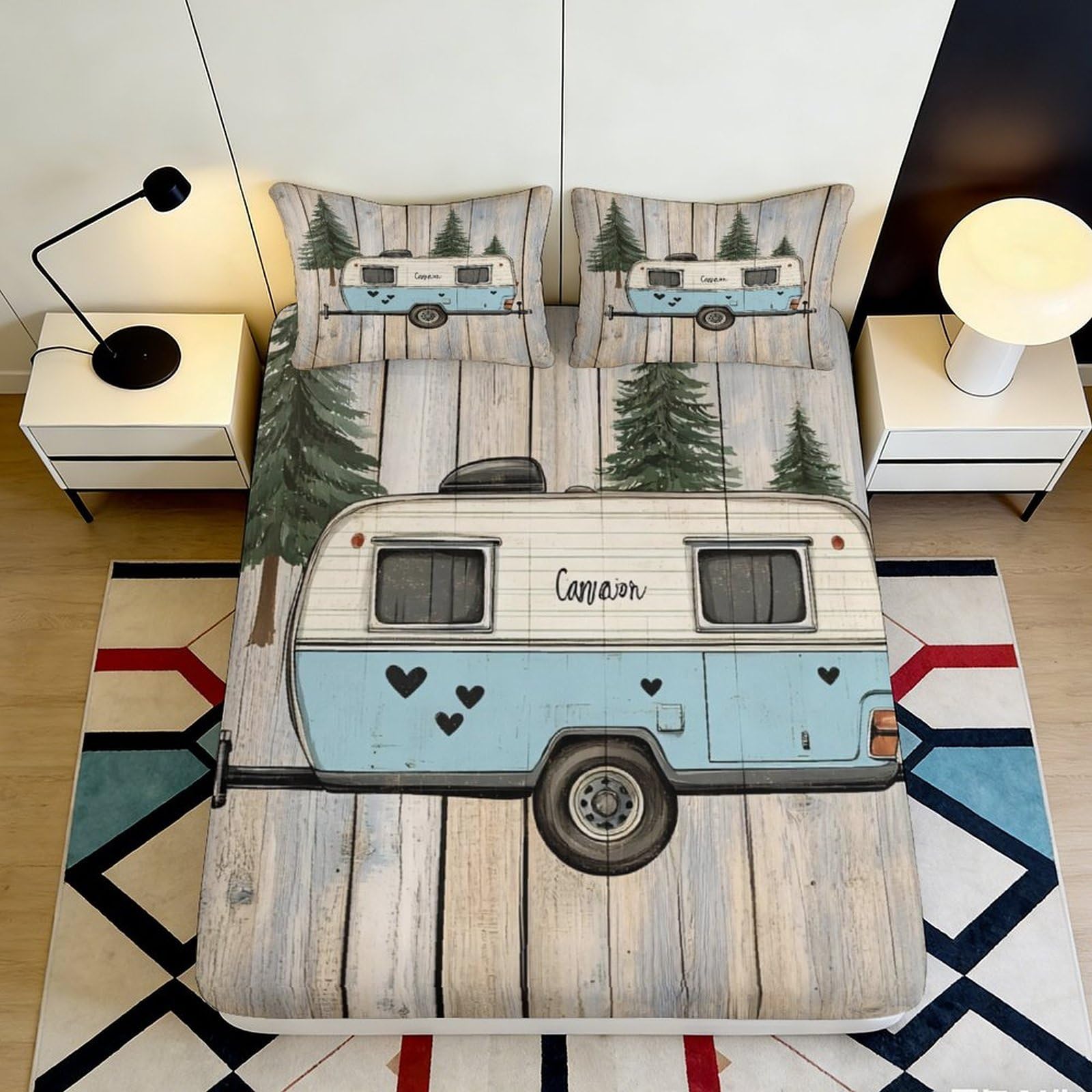 Uxinyoume Style-4 3D Printed Camper Forest Fitted Sheet Microfiber Soft Breathable Caravan Bed Cover For Bedroom Guest Room Decor 90X200x25cm