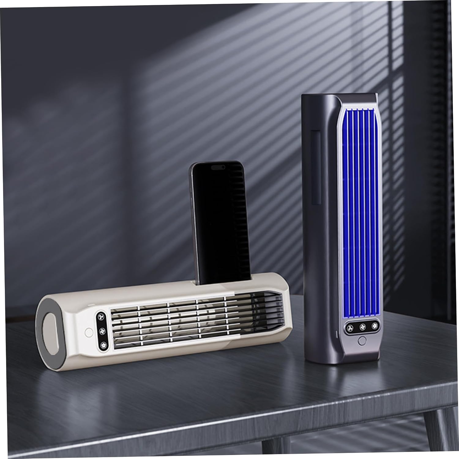 2 Set Wireless Small Tower Fan with 3 Speed USB Rechargeable, Standing Wall Lying Mount Cooling Fan with Phone Holder for Home, Office, Desk, White