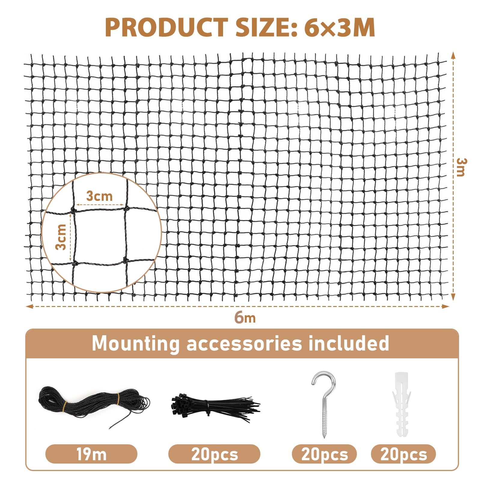 3x6m Filet de Protection Chat Renforcé de Fil d'acier, Filet Chat Balcon, Filet de sécurité pour Chat avec kit de Fixation pour Balcons, Terrasses, Fenêtres, Noir