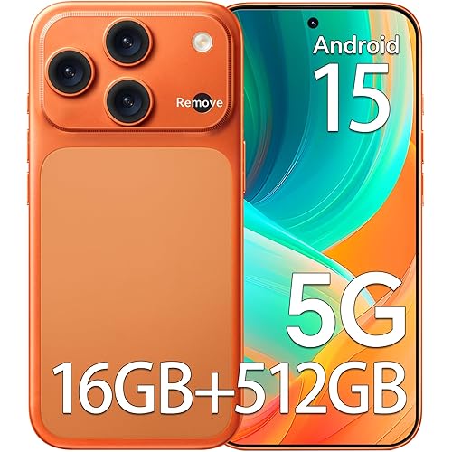 G17 PM Unlocked Phones, 16GB+512GB Smartphone with 104MP + 32MP Camera 5G Android 15 Phone, 6.9" FHD Display, Long Battery 5000mAh, Snapdragon 888, Dual SIM, Face ID(Orange)