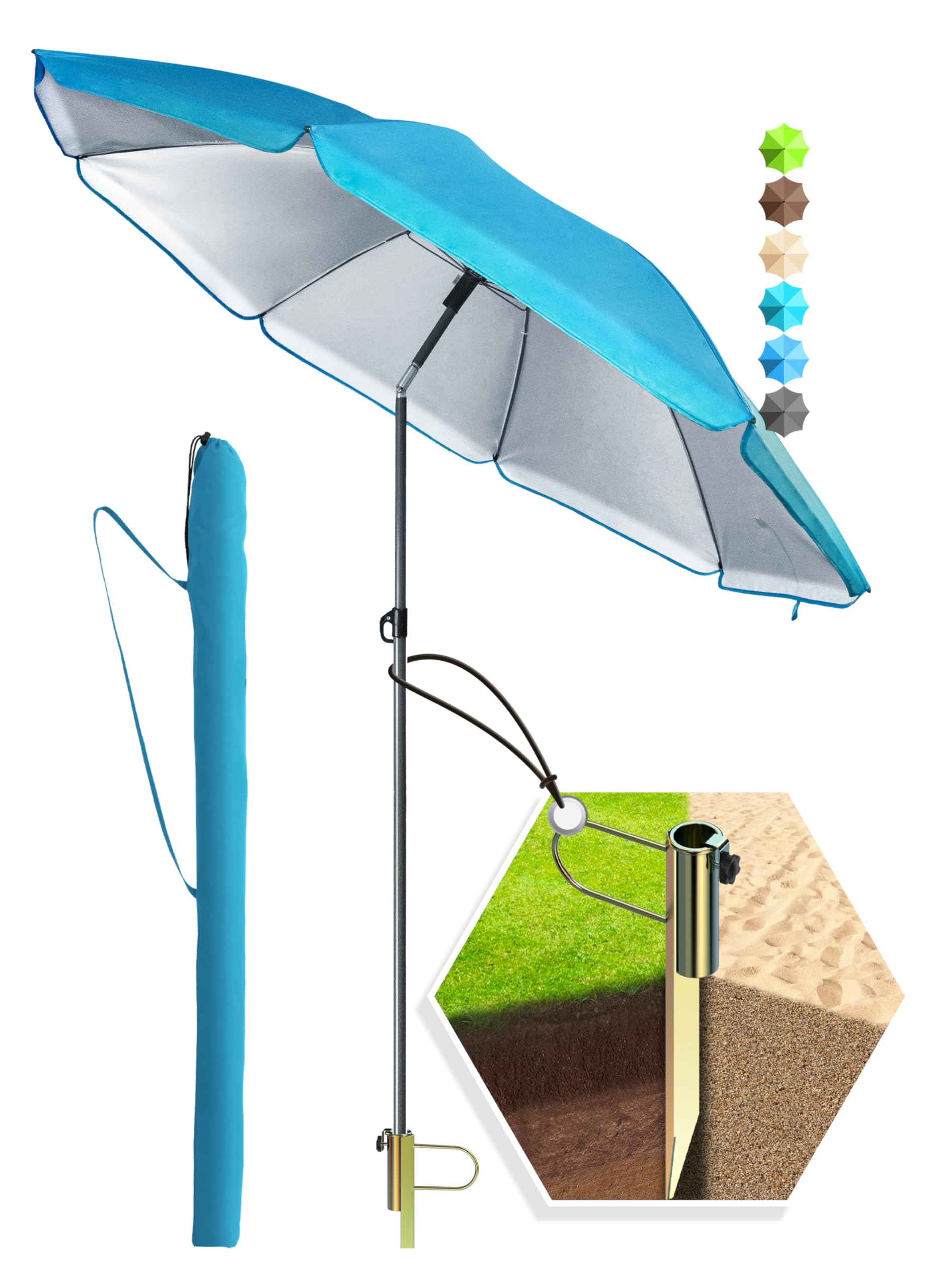 4smile Sonnenschirm Strand Ø 180 cm, 3er Set – Strandschirm windfest stabil + Schirmhülle + Rasendorn Sonnenschirmhalter, UPF 50+ Sonnenschirm mit Rasendorn für Garten, Schirmspieß, Fb. Blau