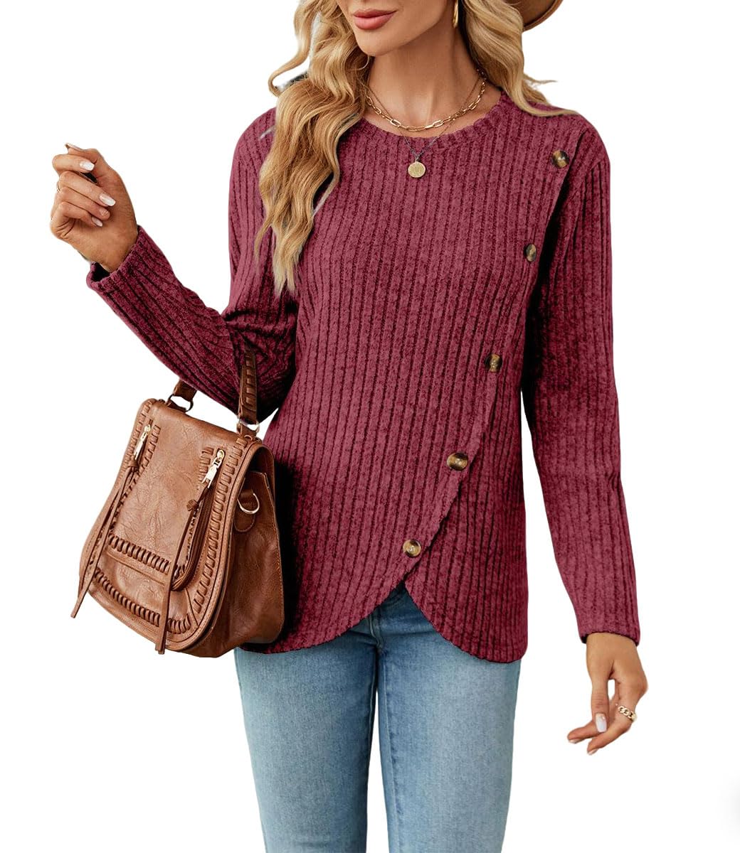 Womens Asymmetrical Crewneck Sweater Button Curved Hem Knitted Pullover Sweaters Work Casual Tunic Tops