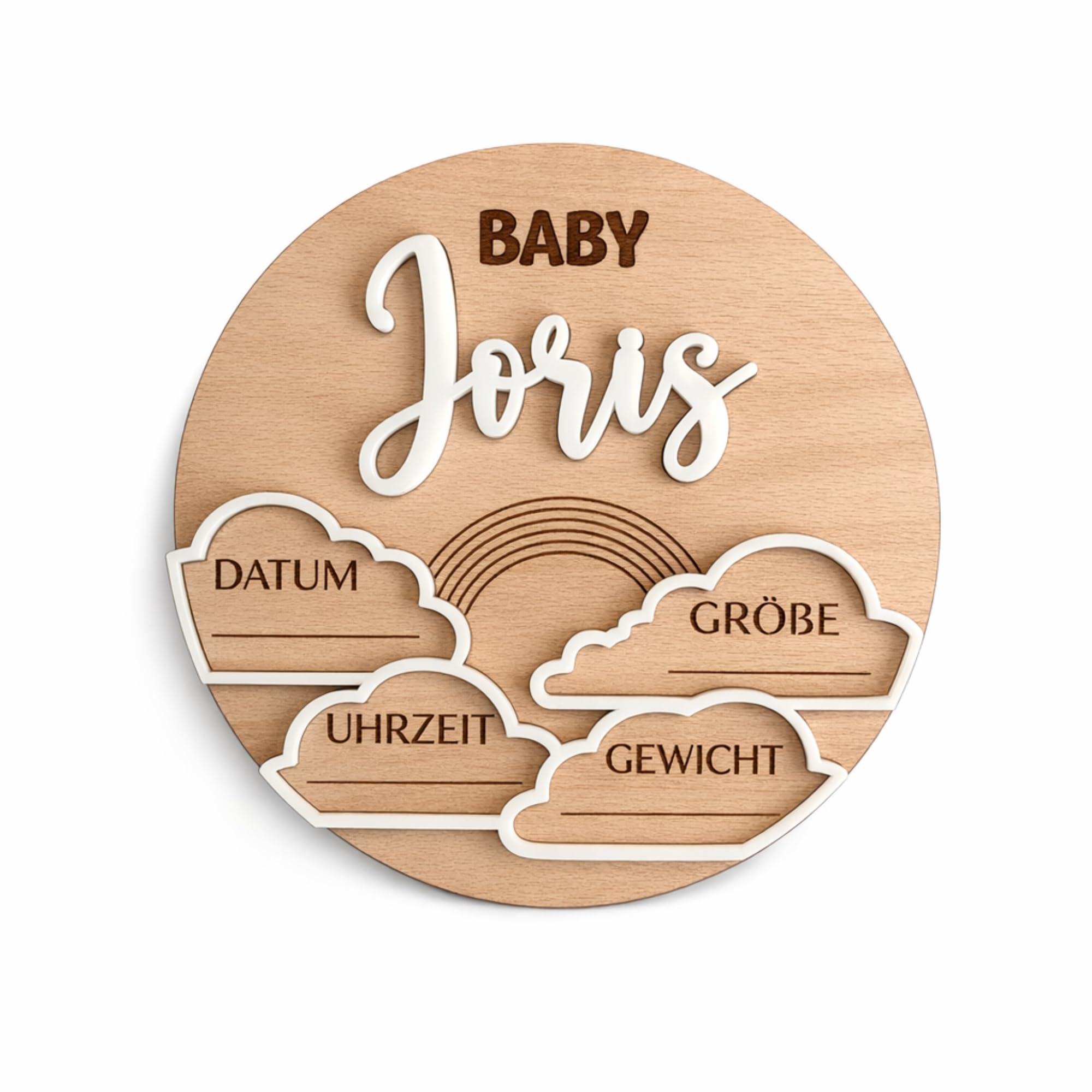 FranJohnsonHouse Personalisiertes Baby Geburtsschild Holz Rund mit Name und Geburtsdaten, Baby Ankündigung Schild, Namensschild mit Datum Uhrzeit Größe Gewicht, Geschenk zur Geburt (Design 1)