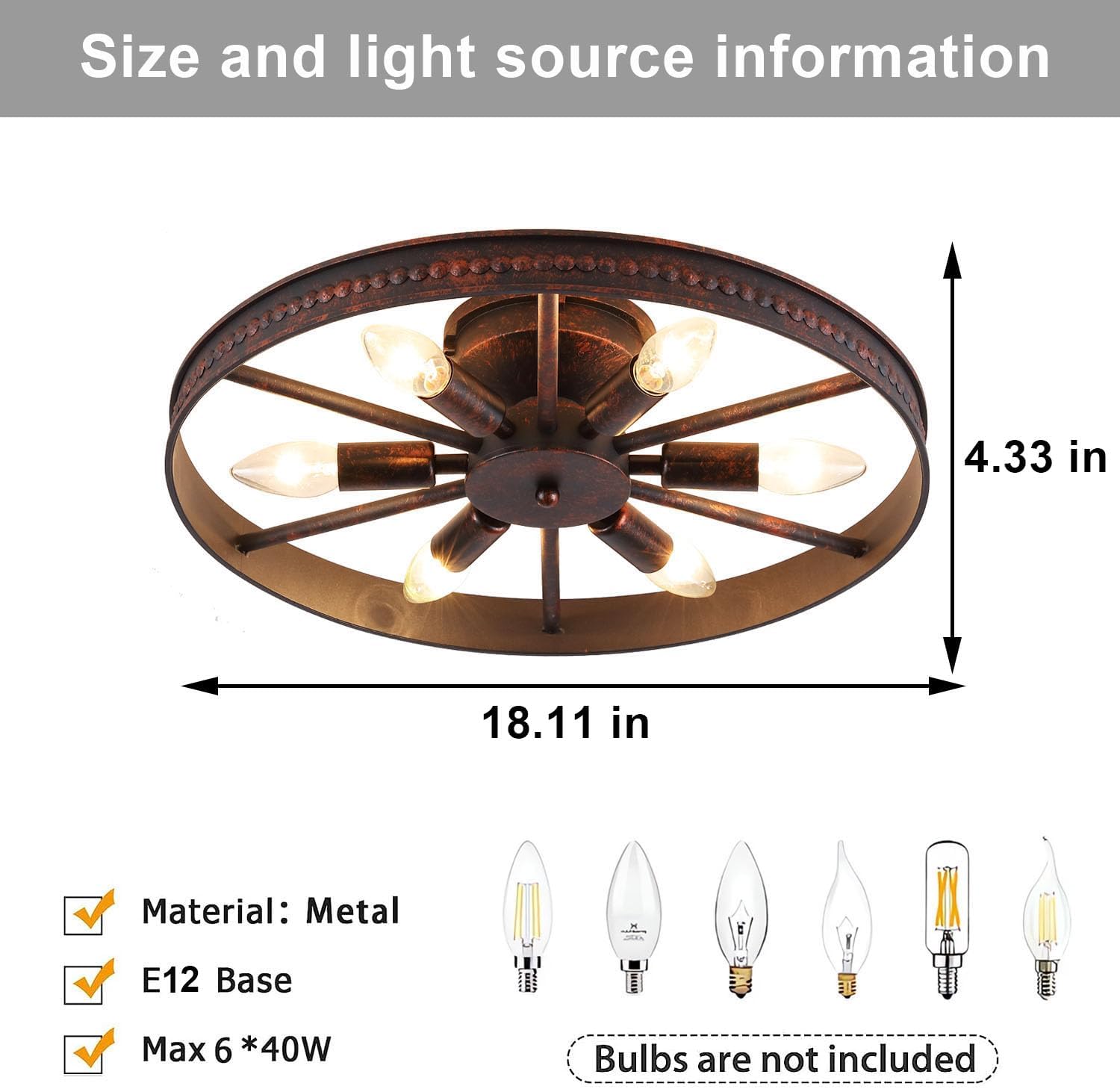 Farmhouse Round Semi Flush Mount Ceiling Light Red Rust Finish Dining Room Lighting Fixture Vintage Metal Ceiling Chandelier for Kitchen Bedroom 6 Light E12 φ18 Inches (6 Light)