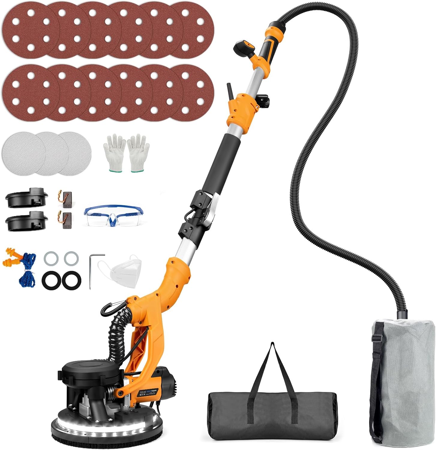 drywall sander, 1000w electric drywall sander with vacuum, 2200rpm automatic dust collector with led light, foldable popcorn ceiling removal tool with 6 variable speed &15pcs sanding discs light orange