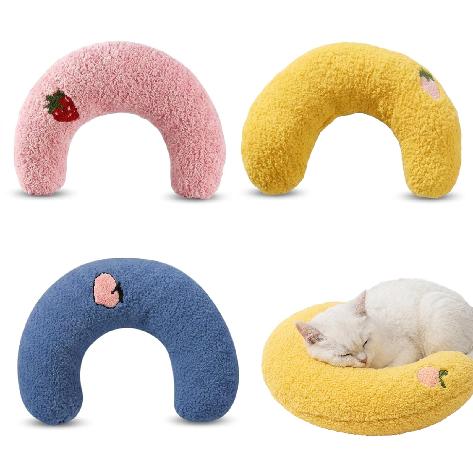 QhgPnt 3 Pcs Cat Pillow Set, Fluffy And Soft Dog Pillow, Comfortable Sleeping Cat Cushions with Neck Support, Pink Yellow Blue Colour Collection for Small Pets Improve Sleeping, Travel and Home Use