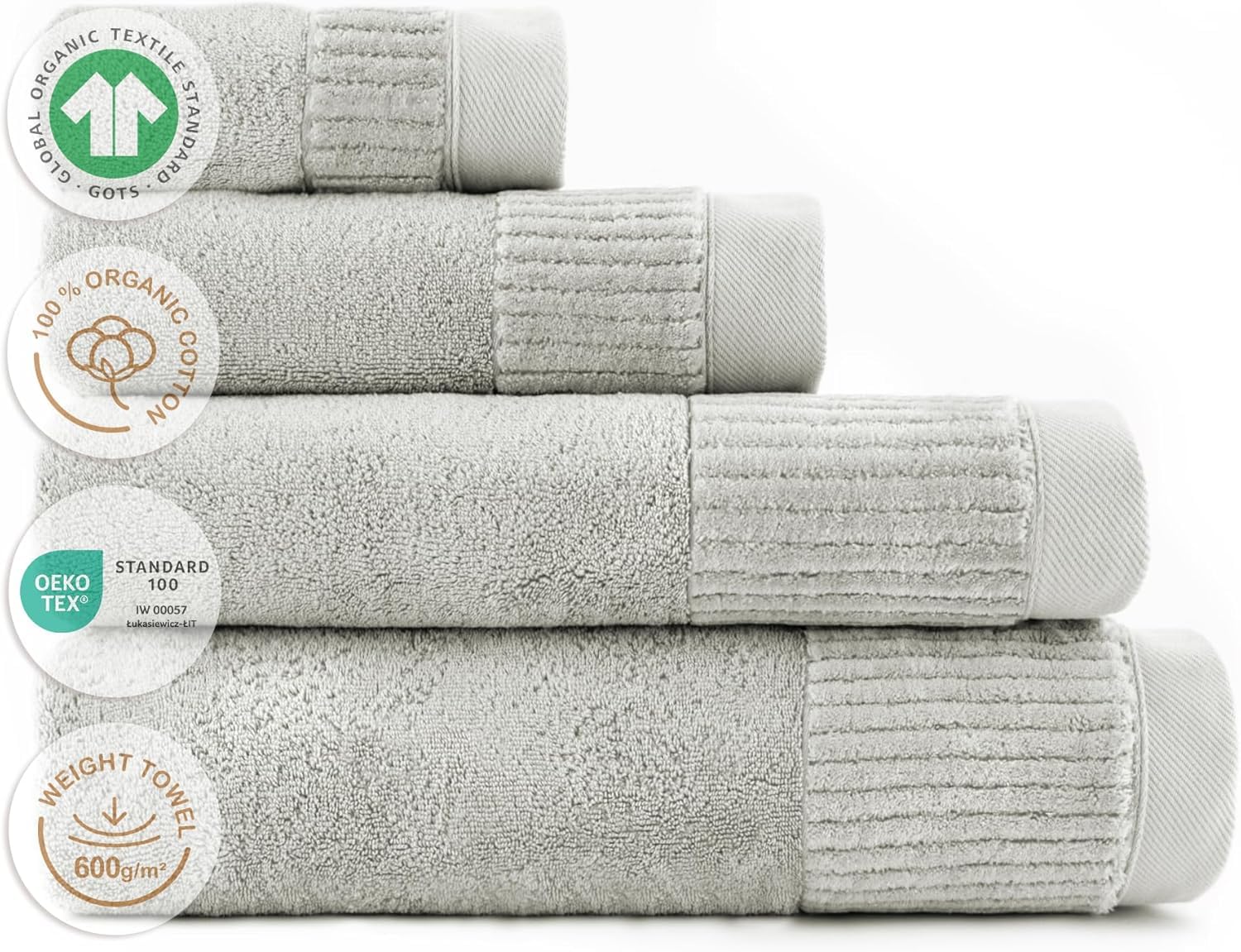 Zwoltex - Toalla de Ducha Grande, 4 Piezas: 30x50/50x100/70x140/100x150 cm, Ultra Suave y Absorbente 600 g/m², 100% algodón orgánico Certificado Gots, ÖKO-Tex, Gris - Colección Porto