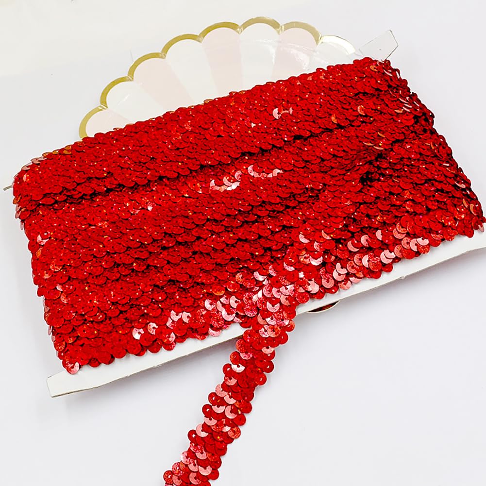 Cinta elástica de lentejuelas de 11 yardas x 1.2 pulgadas, ribete metálico para manualidades, ribete decorativo plano para costura, color rojo