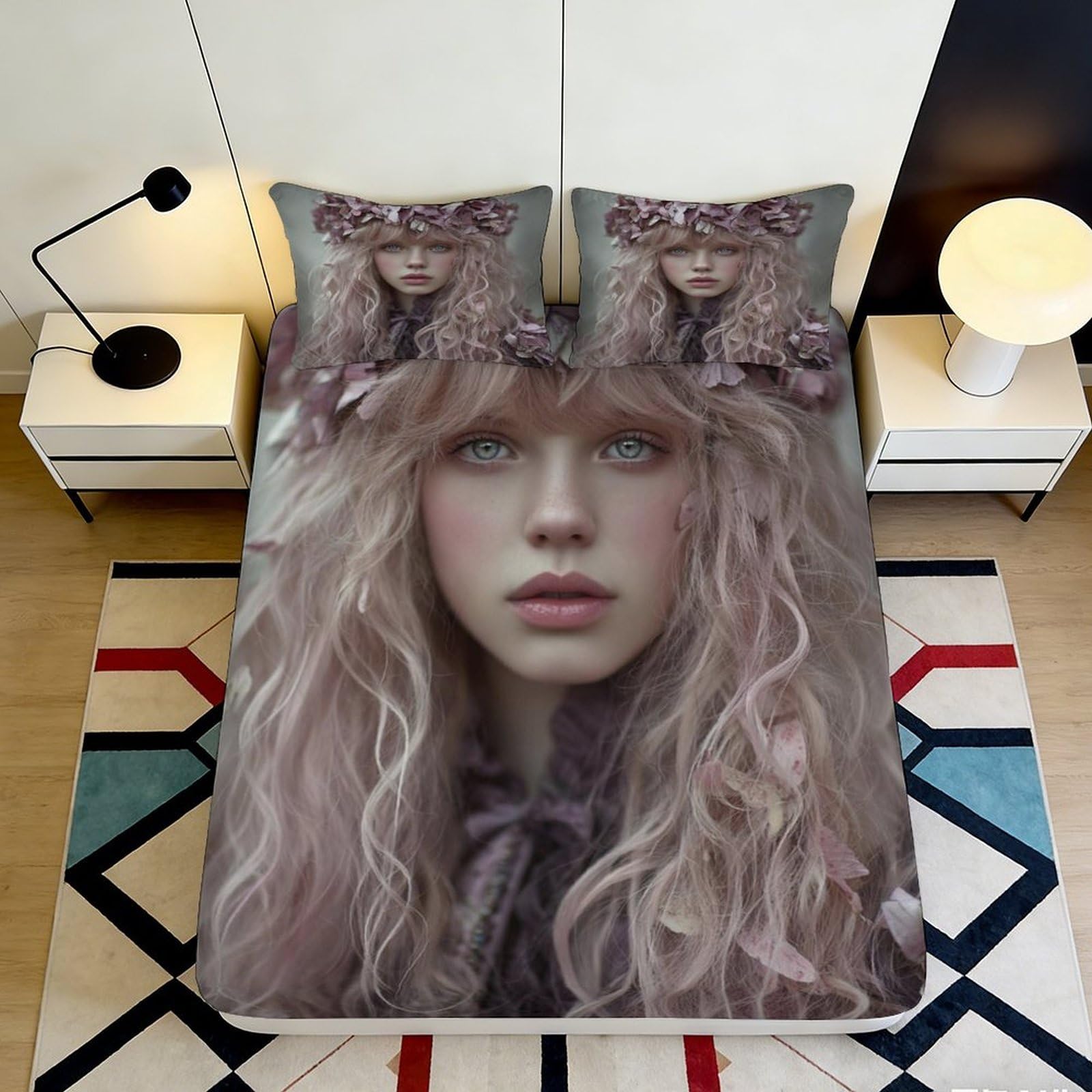 3D Printed Artistic Portrait Fitted Sheet Microfiber Deep Pocket Full Wrap Bedroom Bedding for Adults Artistic Mattress Fitted Cover Washable 140x200x25cm