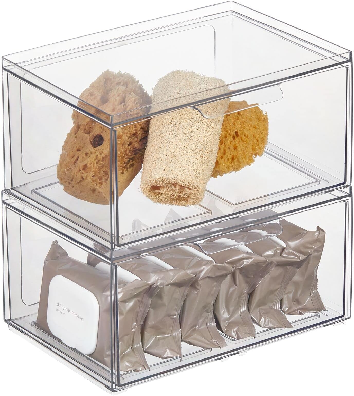 mDesignPlastic Wide Stackable Bathroom Storage Organizer Bin Containers with Pull Drawer for Countertop, Vanity, Closet Shelves - Holder for Beauty Accessories - Lumiere Collection, 2 Pack, Clear