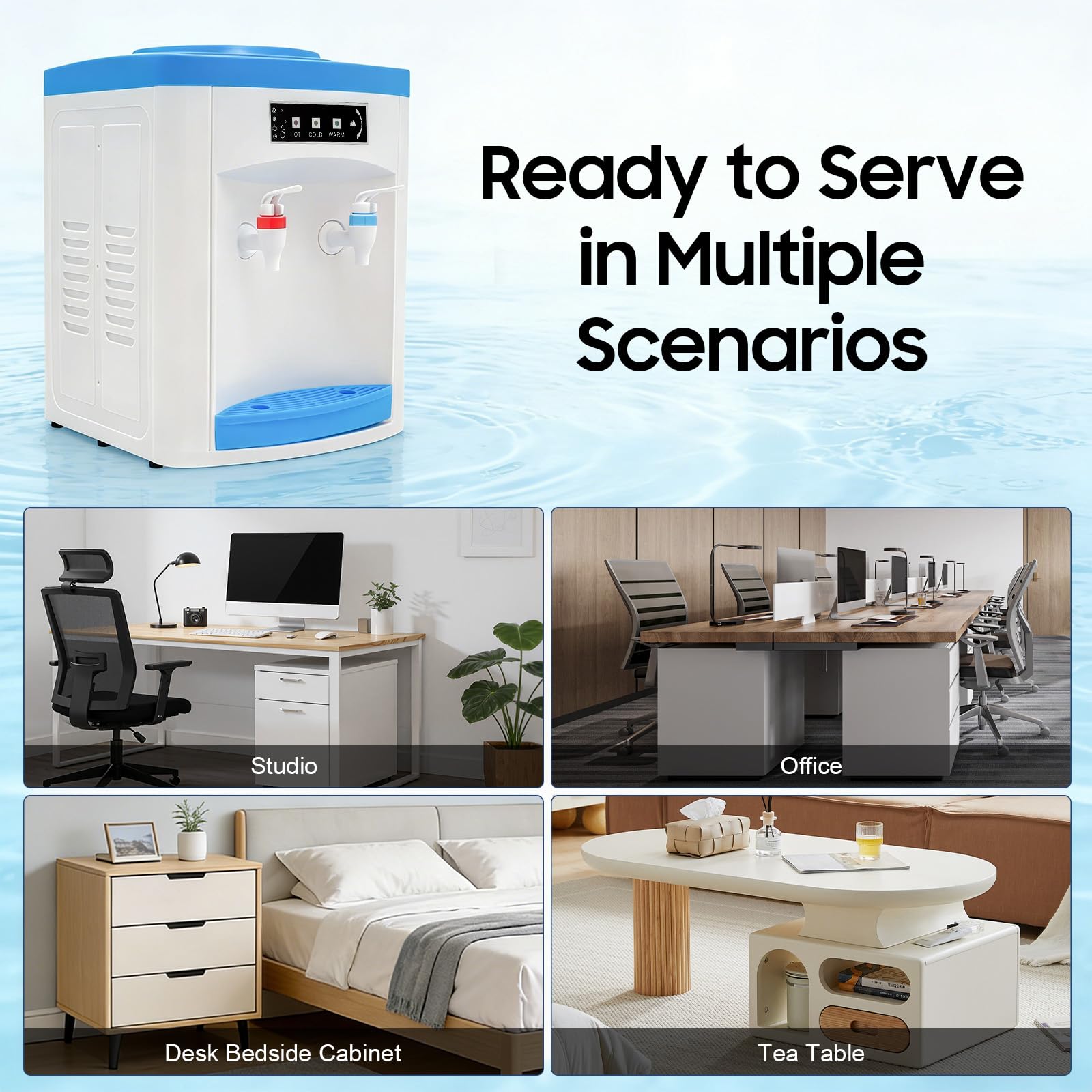 Fontaine à Eau Chaude Froide et Tempérée Électrique, Distributeur d'eau Bureau Maison, Triple Température 90°C 8°C Ambiante, Compatible Bidons 4,5L-18,9L, INOX PP, Pose Libre ou de Table, Ultra Léger