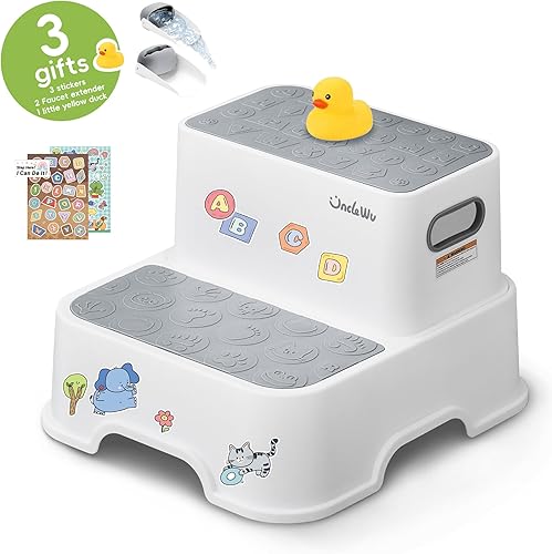 Miniatura 7 de UNCLE WU Paquete de 2 taburetes para niños pequeños y adultos, taburete de plástico antideslizante para lavabo del baño, entrenamiento para ir al