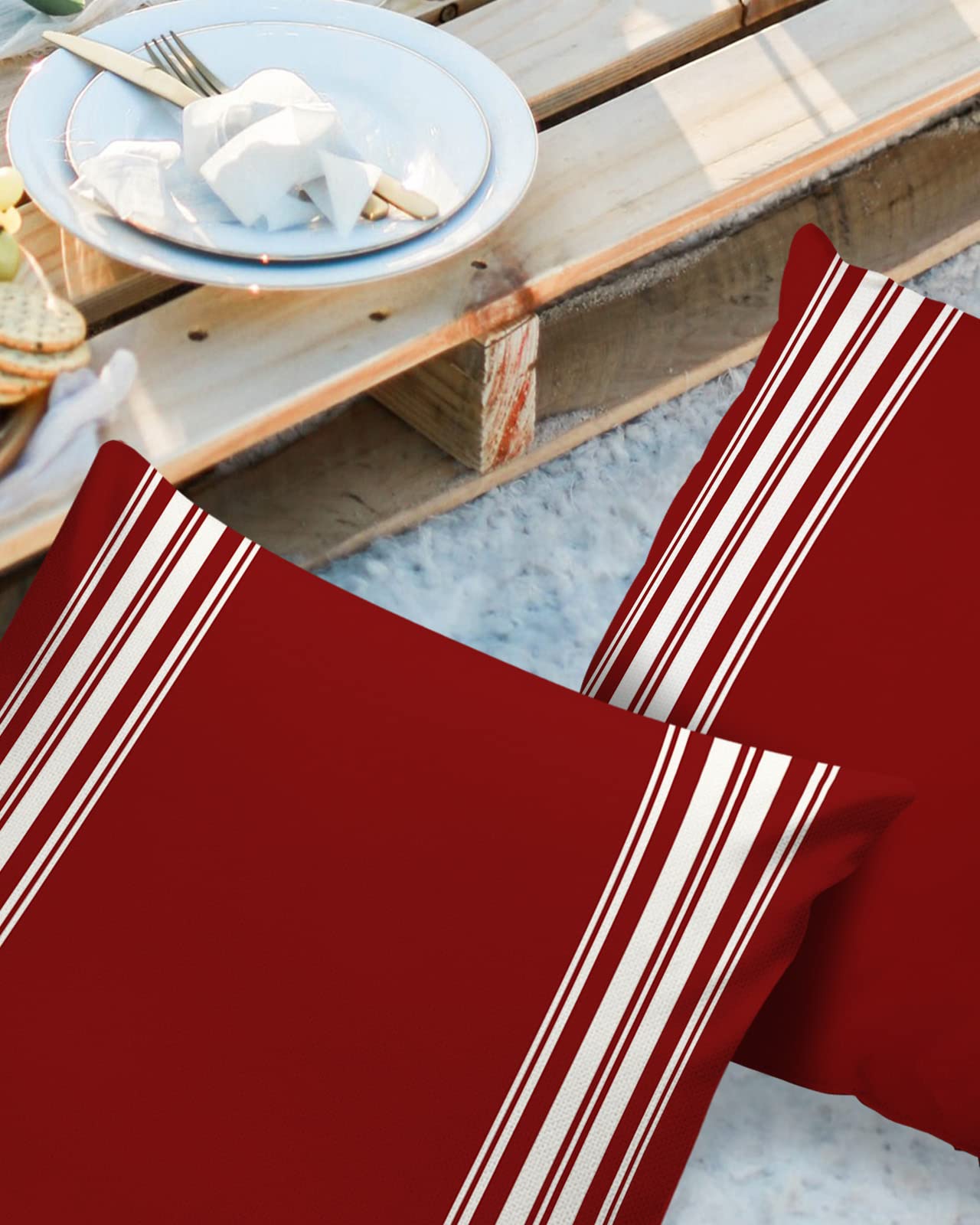 Vandarllin Outdoor Throw Pillows Covers 18X18 Set of 2 Waterproof Burgundy Red Stripe Decorative Zippered Lumbar Cushion Covers for Patio Furniture, French Stripe Farmhouse Style