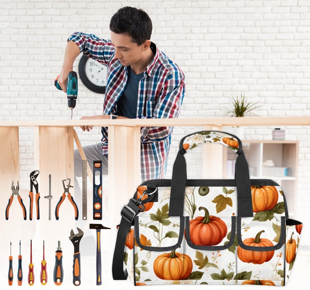 Cute Funny Pumpkin Tool Bag with Multi-Pockets Wide Mouth Tool Tote Bag for Women and Men Waterproof Tool Organizer Storage Bag with Adjustable Shoulder Strap and Ergonomic Handle