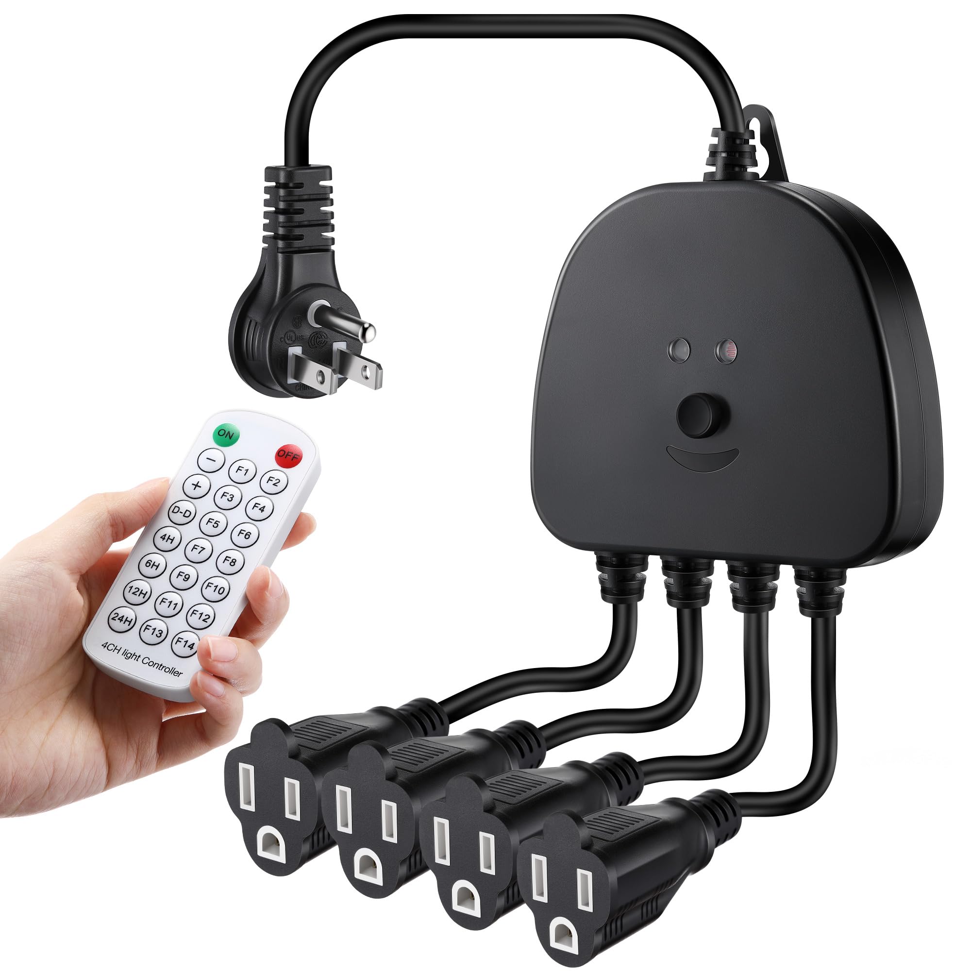 Multiple Lighting Effects, Timer, Dusk to Dawn, for Indoor & Outdoor Holiday Xmas Lights, Weatherproof Christmas Light Controller with Remote, Black, 4 Channel/14 Functions