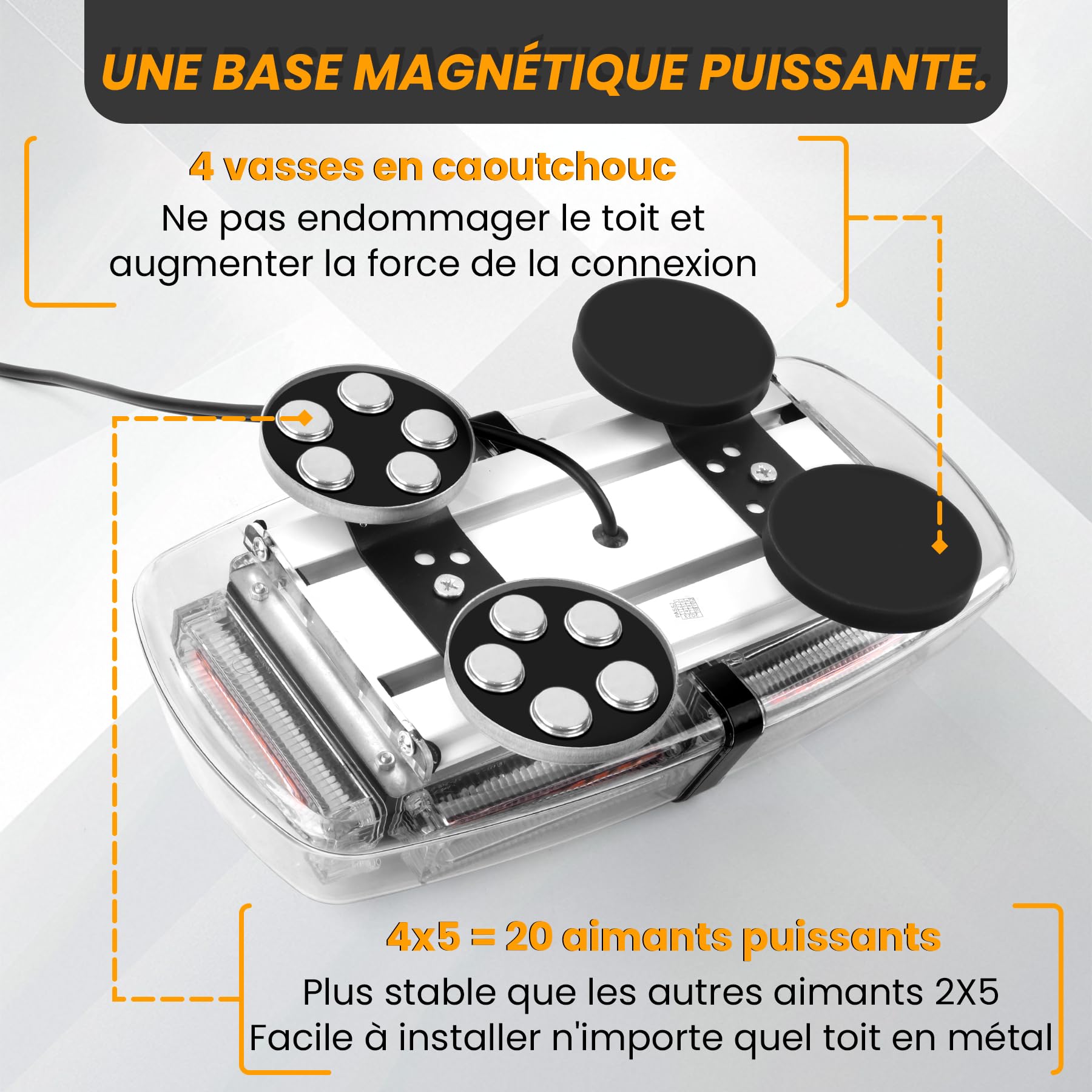 Gyrophare LED Orange 54 LED 12/24V, 7 Modes, Magnétique | IP65 étanche pour conditions climatiques difficiles, fixation magnétique adaptée aux voitures,camions et dépanneuses