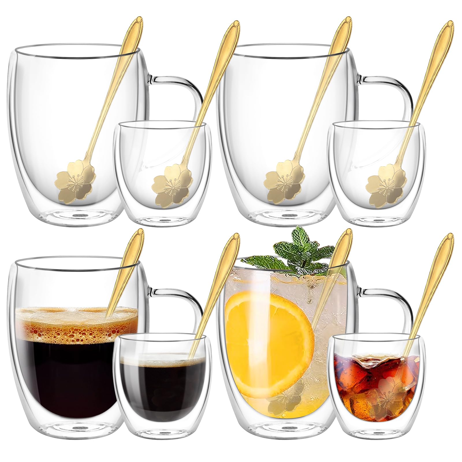 TBRFP Double Walled Glass Coffee Cups and Mugs,4x350ml & 4x80ml Heat Resistant Cappuccino Latte Macchiato Glasses Cups,Clear Borosilicate Glass Cup for Hot Drinks Tea Milk Juice Ice Cream