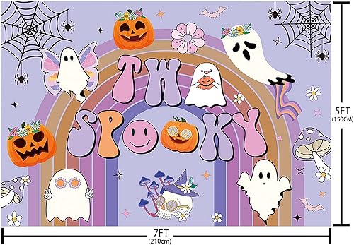 Miniatura 4 de MEHOFOND Telón de fondo de dos espeluznantes de 7 x 5 pies, color morado, para Halloween, segundo cumpleaños, retro, Groovy, arco iris, telón de