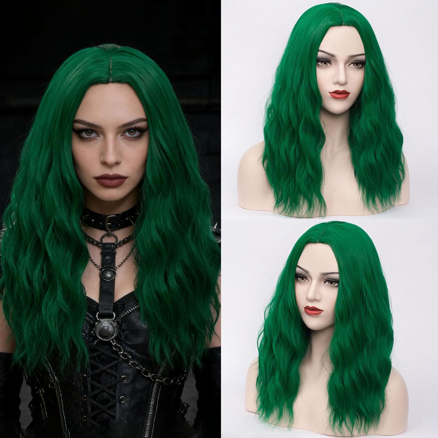18" Long Dark Green Curly Wavy Wig For Women Heat Resistant Fiber Wigs Halloween Cosplay Daily Party+Cap (Dark Green)