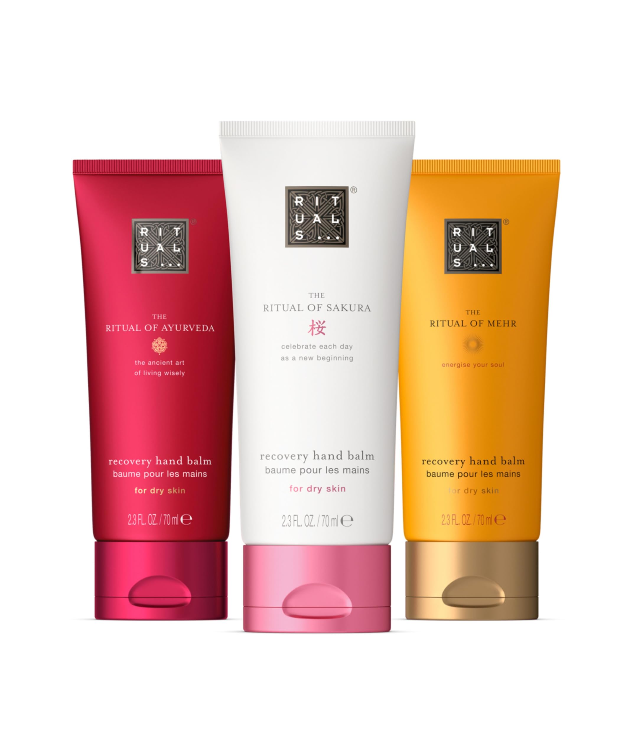 RITUALS Hand Balm Trio The Rituals of Sakura, Mehr & Ayurveda – Geschenkset mit 3 Handcremes – Handcreme Set mit 97% Inhaltsstoffen natürlichen Ursprungs – 3 x 70 ml