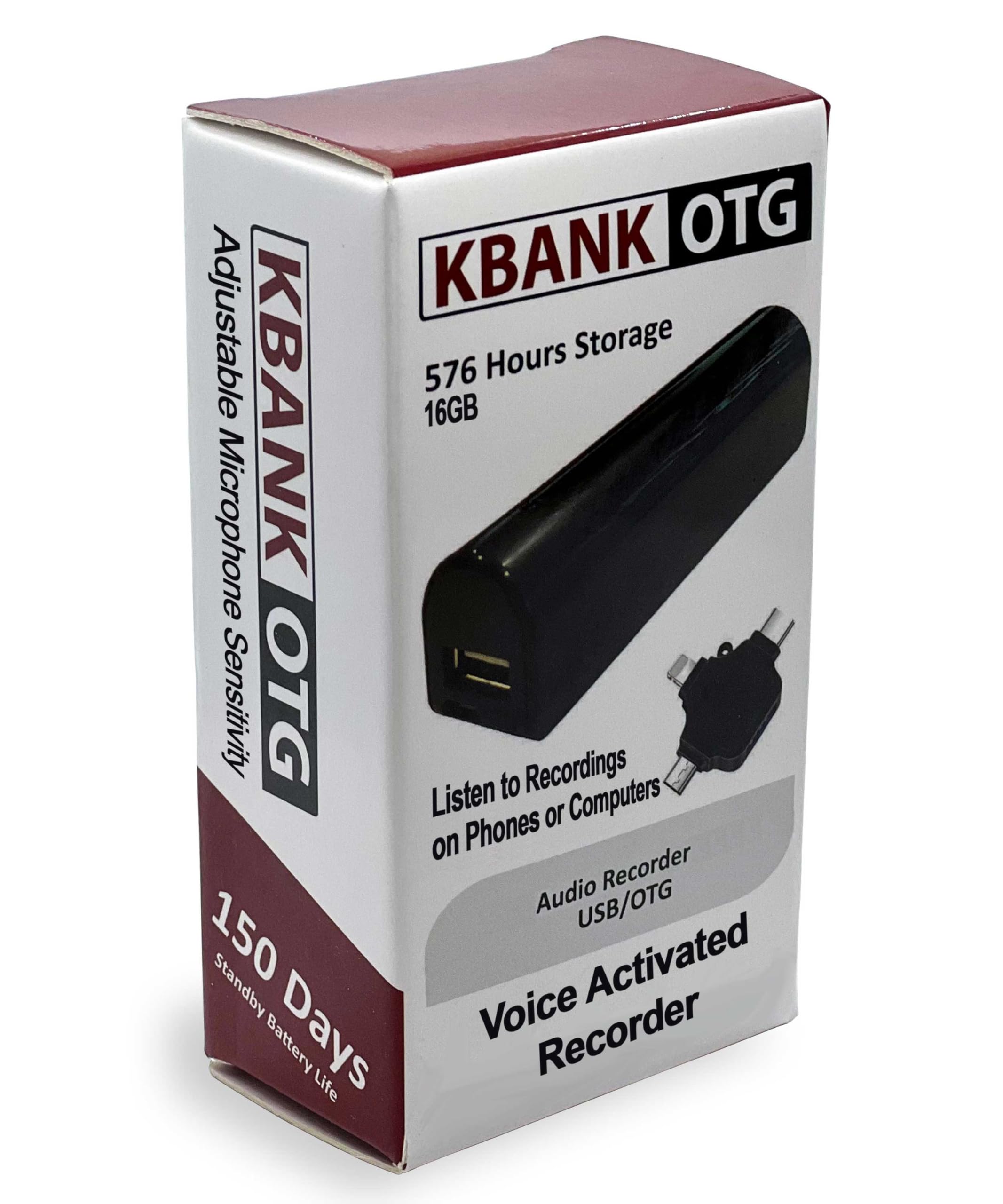 KBANK-OTG cyfrowy rejestrator dźwięku z aktywacją głosową 576 godzin nagrywania - odtwarzanie na komputerach, telefonach i tabletach