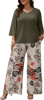 Women's Plus Size 2 Piece Lounge Set: Floral Tunic Top & Wide Leg Pants