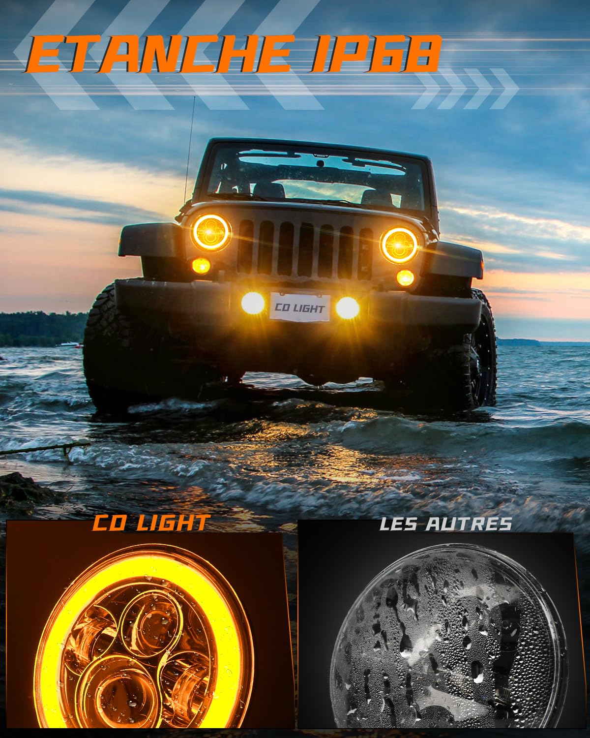 CO LIGHT 7” Rond Phare Voiture OffRoad, Blanc HI LO Beam, Blanc Ambré Halo DRL/Clignotant, 6000K 12V/24V