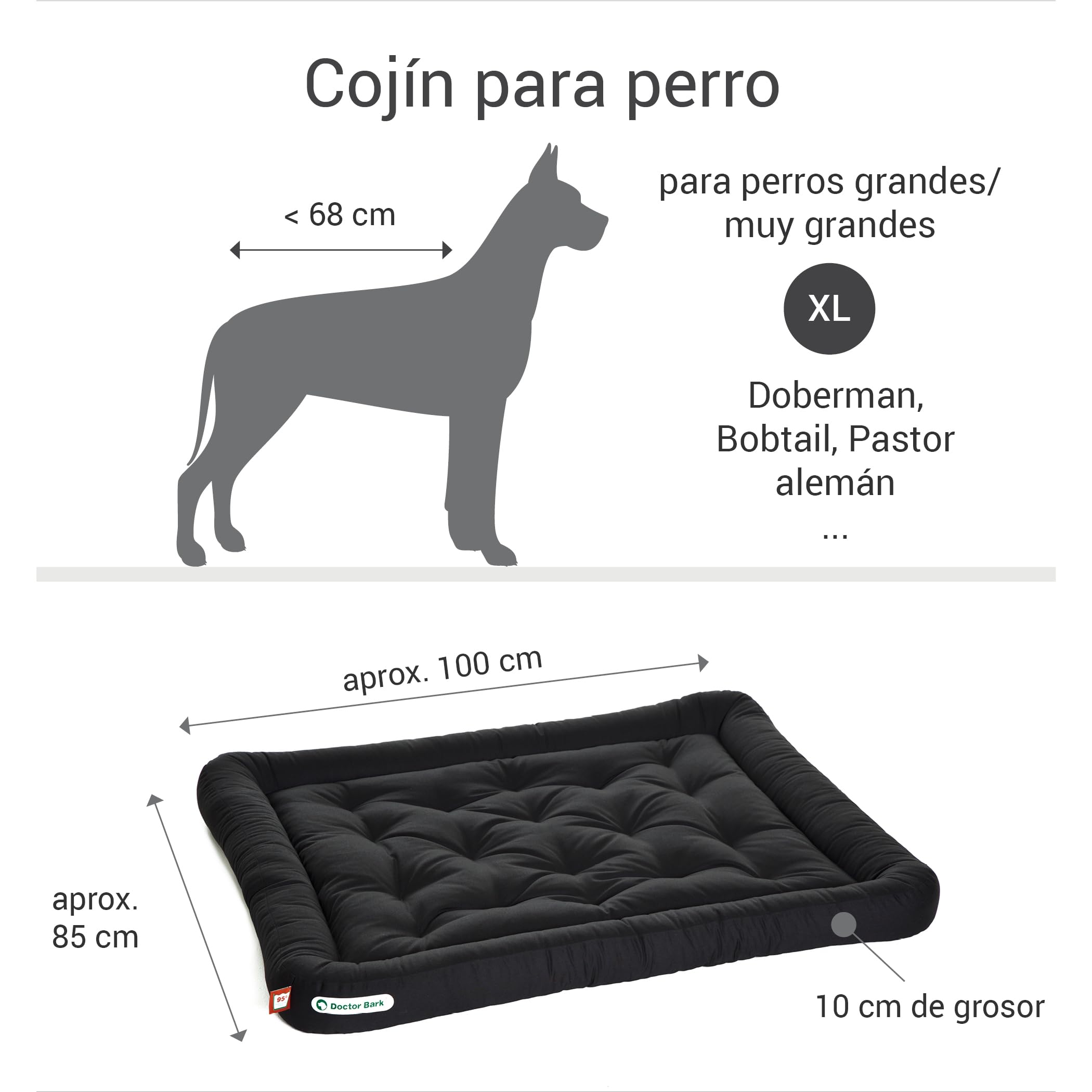 Doctor Bark Cojín para perros – Cama ortopédica para perros, lavable a 95 °C, higiénico, resistente y cómodo (XL – 100 x 85 cm, negro)