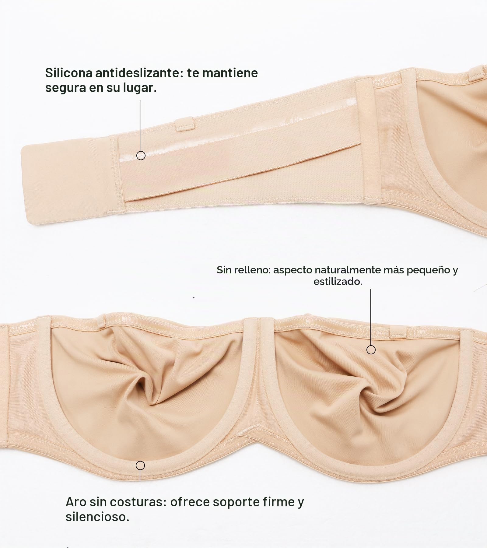 Lemorosy Sujetador Mujer sin Tirantes sin Relleno Bandeau | Tallas Grandes Tejido liso sin costuras que no deja marcas. Silicone antideslizante. Perfecto para vestidos escotados