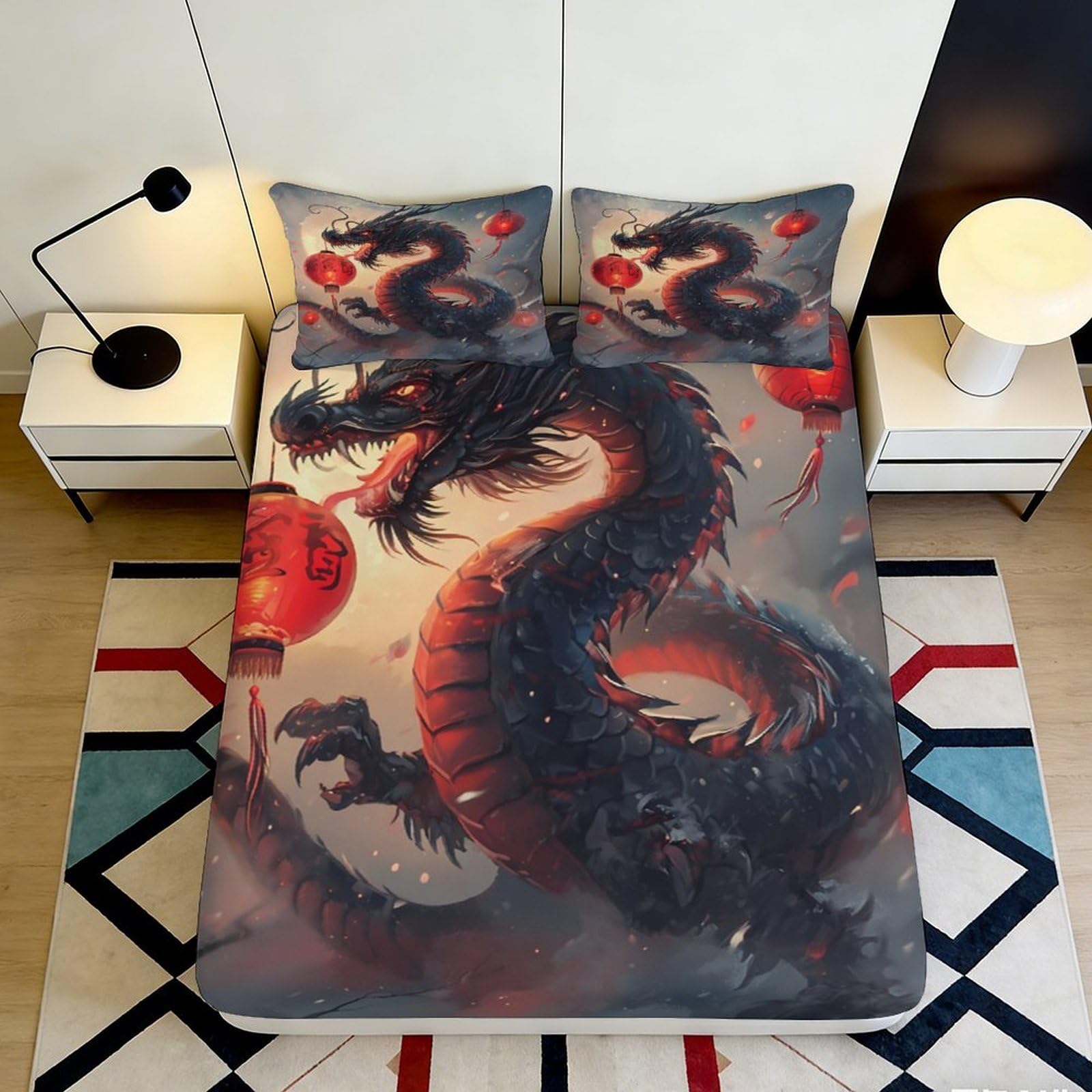 3D Printed dragon Fitted Sheet, microfiber soft touch, stylish bedroom decor, anti-slip, apartment bedding, easy care, dustproof 90x200x25cm
