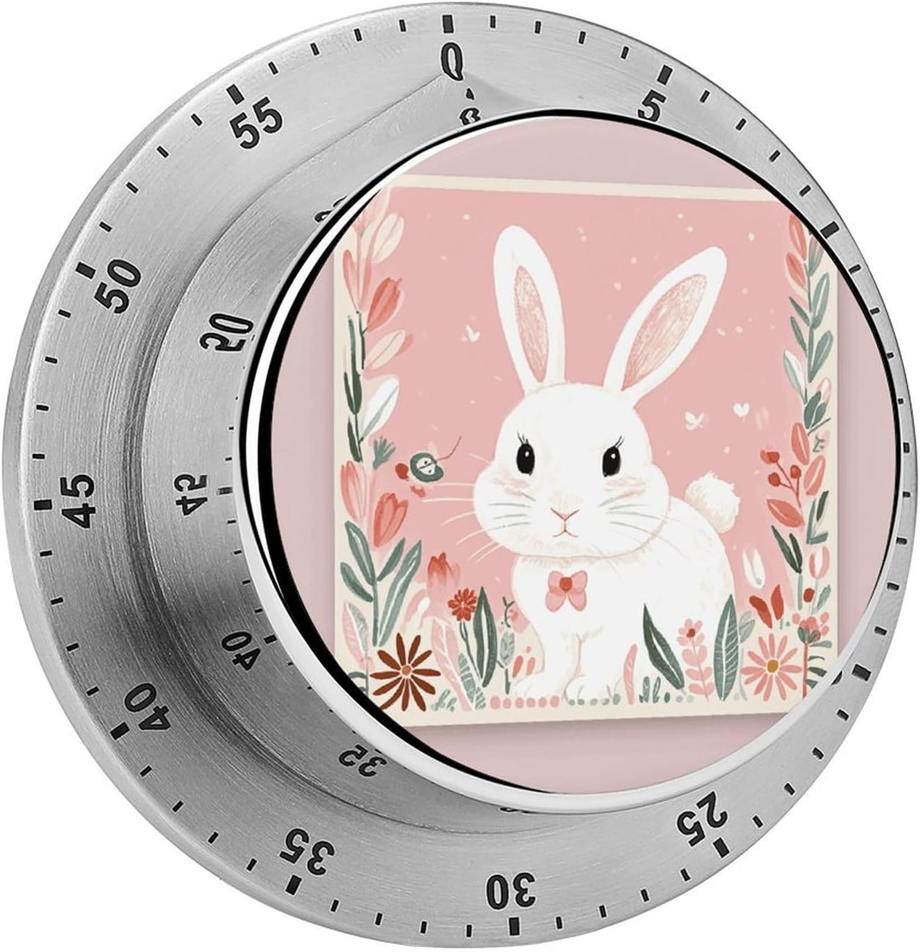 Cute White Rabbit Print Timer Stainless Steel Kitchen Timers Waterproof & Rust-Proof 60 Minute Mechanical Timer with Loud Alarm for Cooking, Baking, Fitness