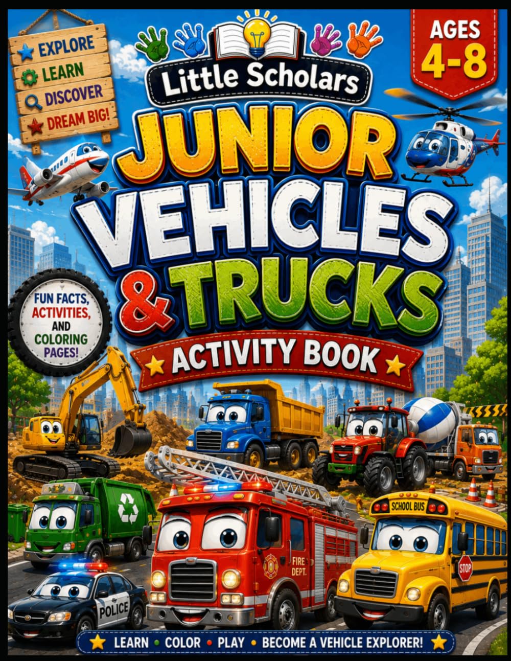 Little Scholars Junior Vehicle Explorer: Fun Facts Coloring Pages Mazes and Educational Activities Featuring Fire Trucks Tractors Trains Airplanes and More for Kids Ages 4 to 8