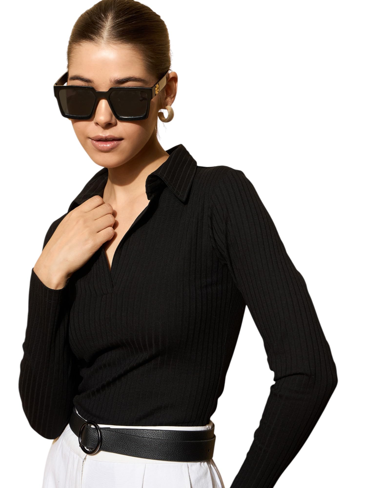 barcino Black Rib Polo Style V-Neck Neck Top-picture-10