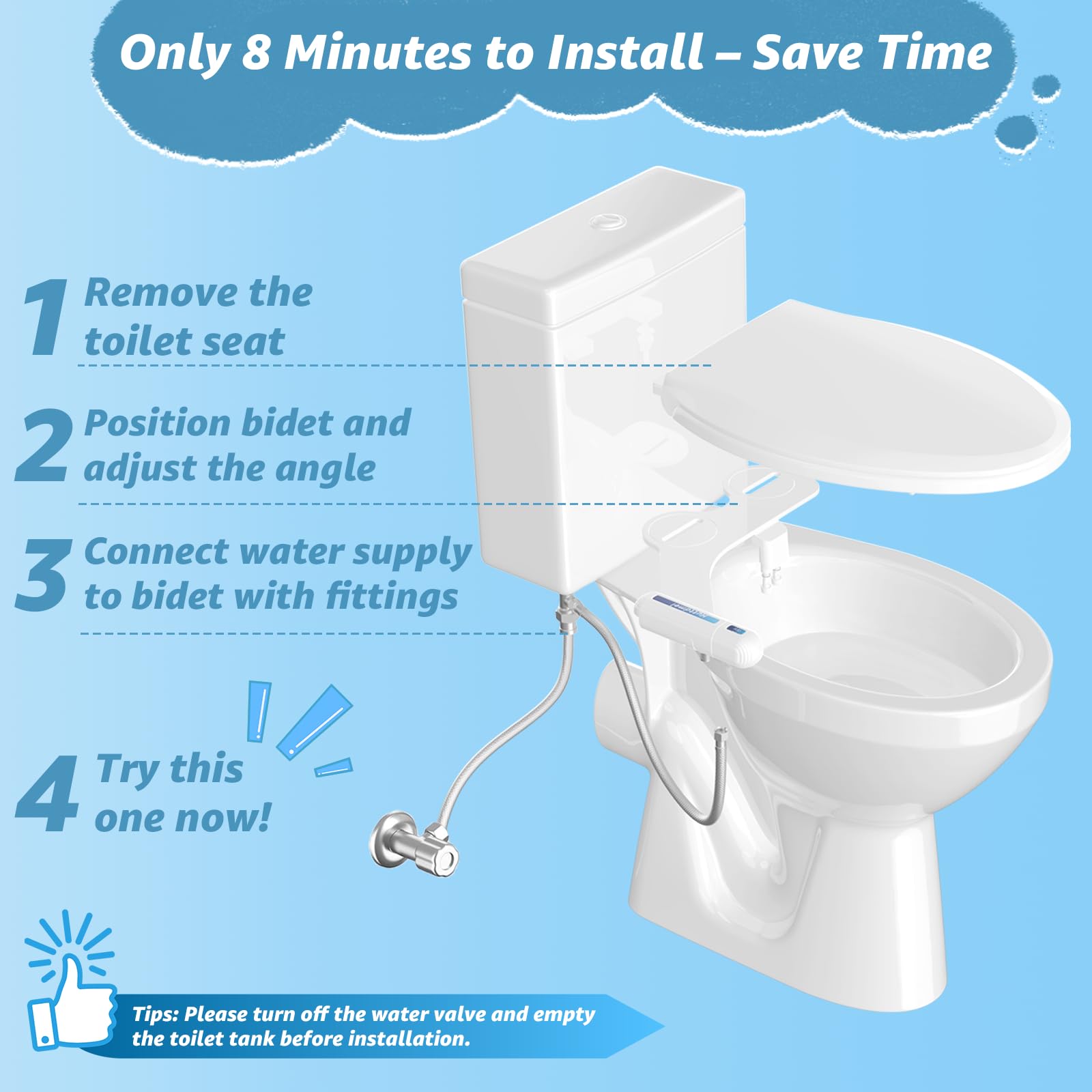 Ultra-Slim Bidet Attachment for Toilet Non-Electric Dual Nozzle Rear Feminine Wash Adjustable Fresh Cold Water Pressure Stainless Steel — view 5