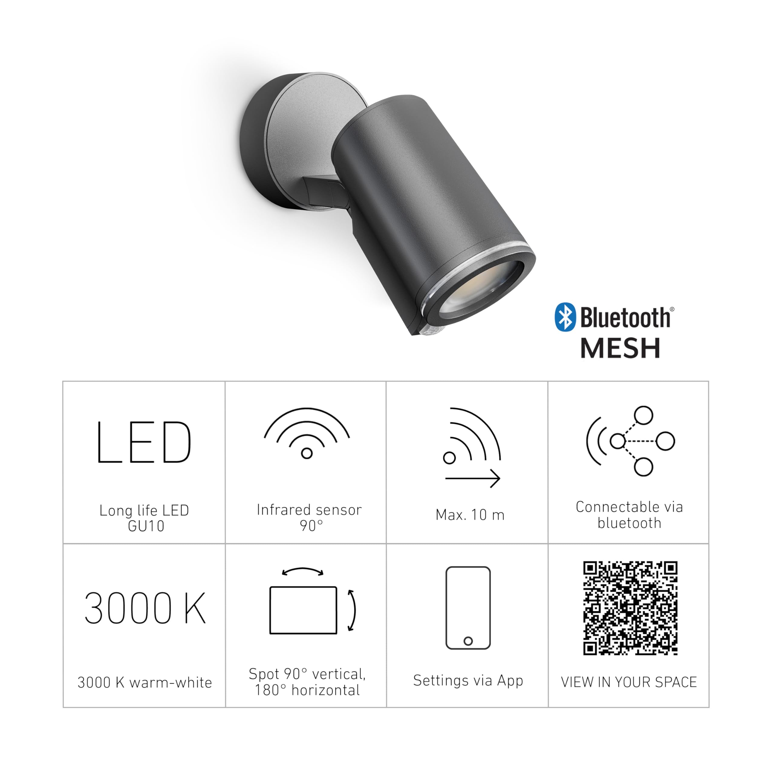 Steinel Spot ONE SC Foco LED, fabricado en aluminio, en color antracita, con consumo de 7,9 W, sensor de movimiento de 90° y bombilla LED GU10, conectable y controlable a través de una aplicación