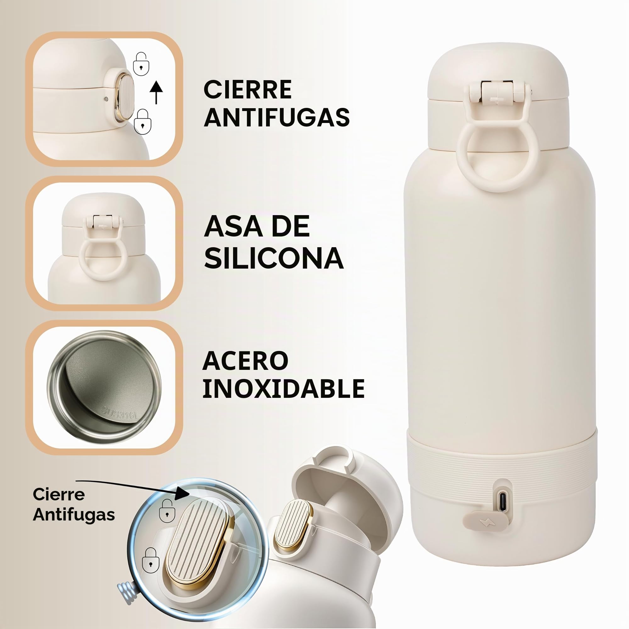 Calienta Biberones Portatil inalámbrico - Capacidad 500ml - Para Leche Materna y Agua - Acero Inoxidable - Ideal Para la Noche, Salidas y Viajes - Se Calienta en 3 Minutos - Batería de Larga Duración