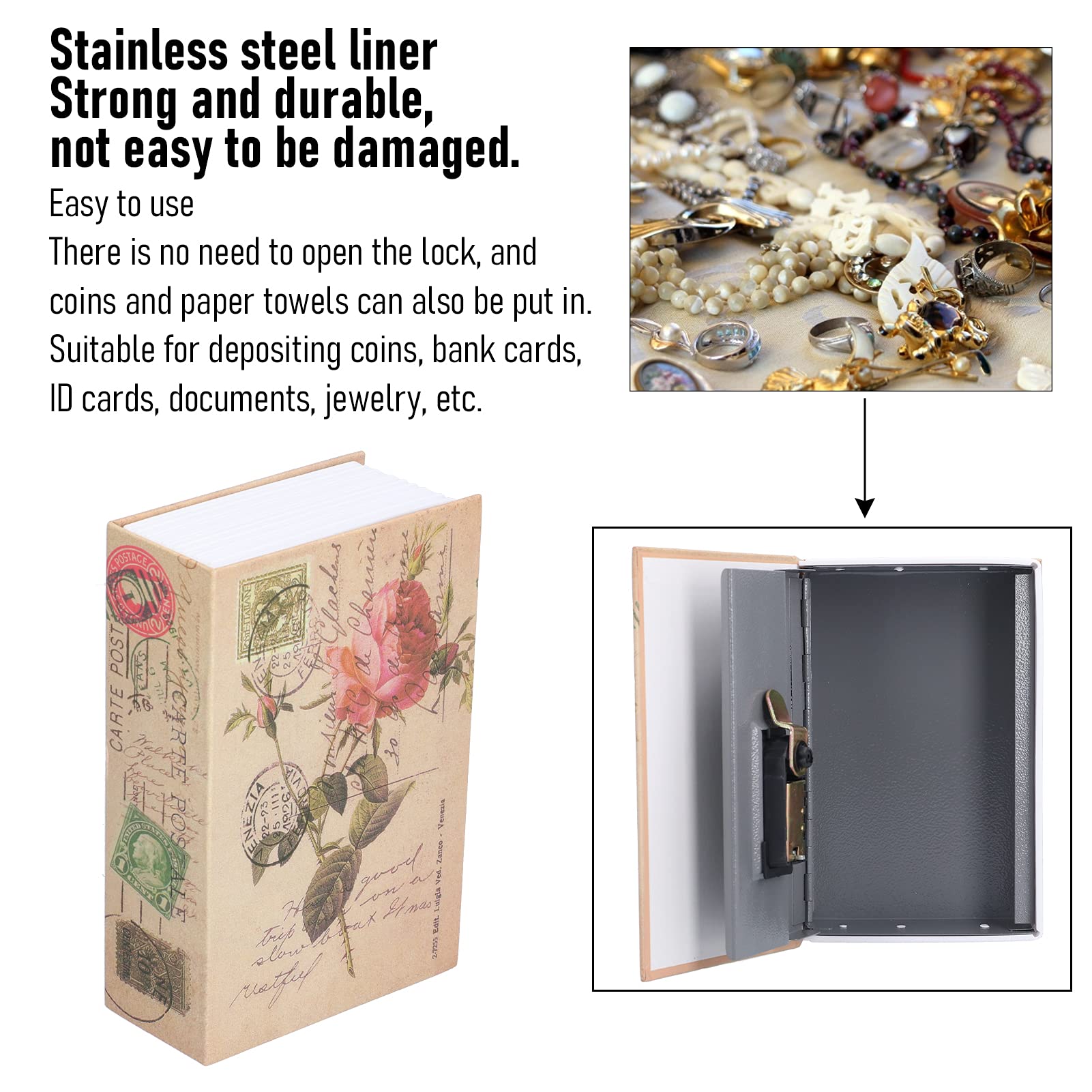 Caja Fuerte Disimulada Con Forma De Libro - Cerradura De Combinación, Interior De Acero, Diseño Floral